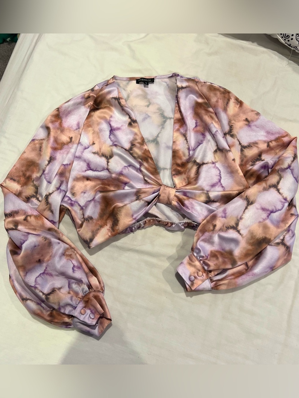 Dynamite Lilac and Taupe Tie-Front Satin Cropped Silky Blouse